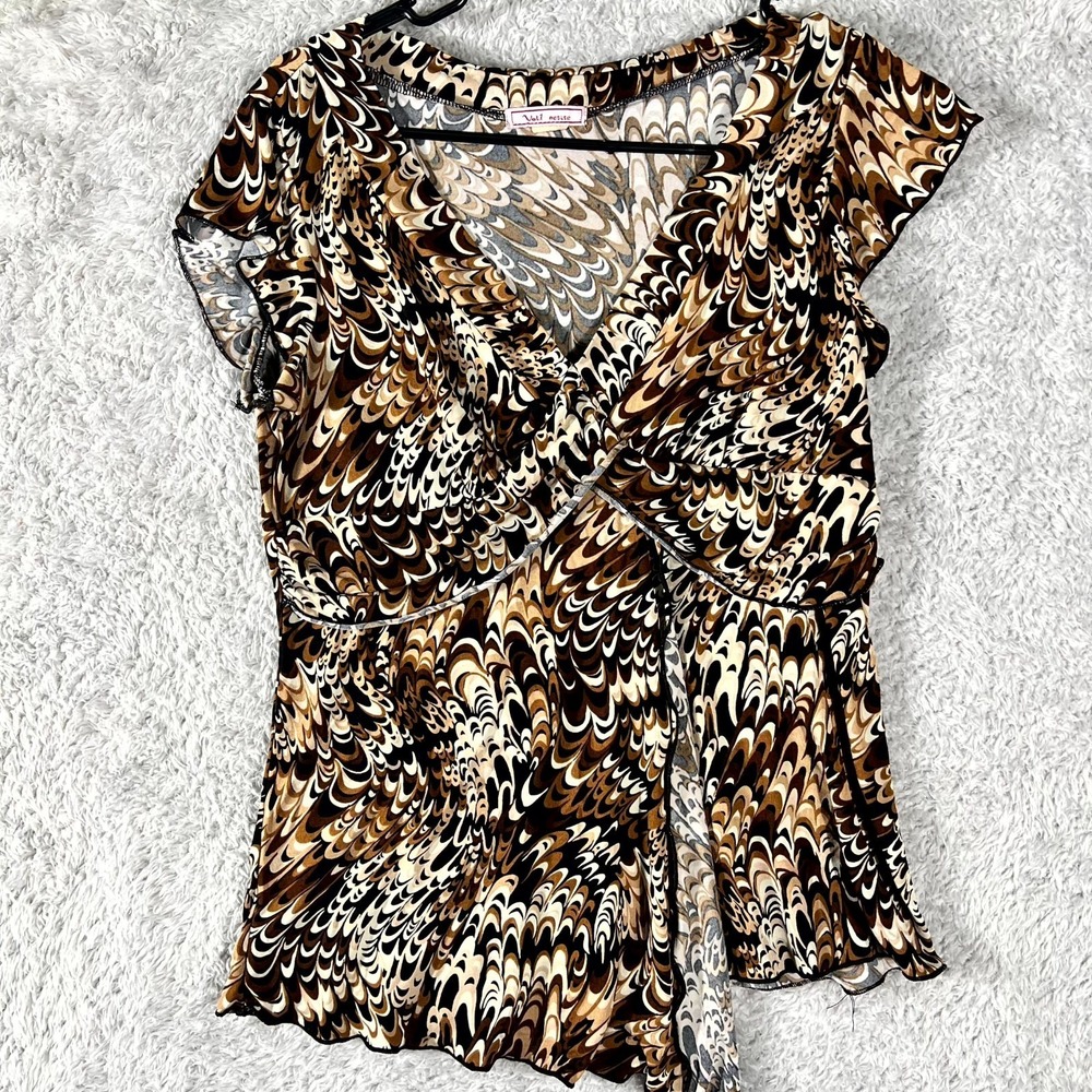 Vol.1 Petite Blouse Top Women Multicolor Abstract Marble V Neck Cap‎ Sleeve Wrap